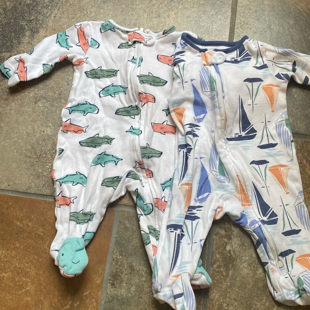 ⭐️Bundle 3/$15 -Two baby boys footed pajamas - sharks and sailboats - 3 months